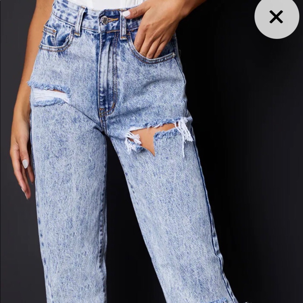 Ice Blue Ripped Split Hem Jeans